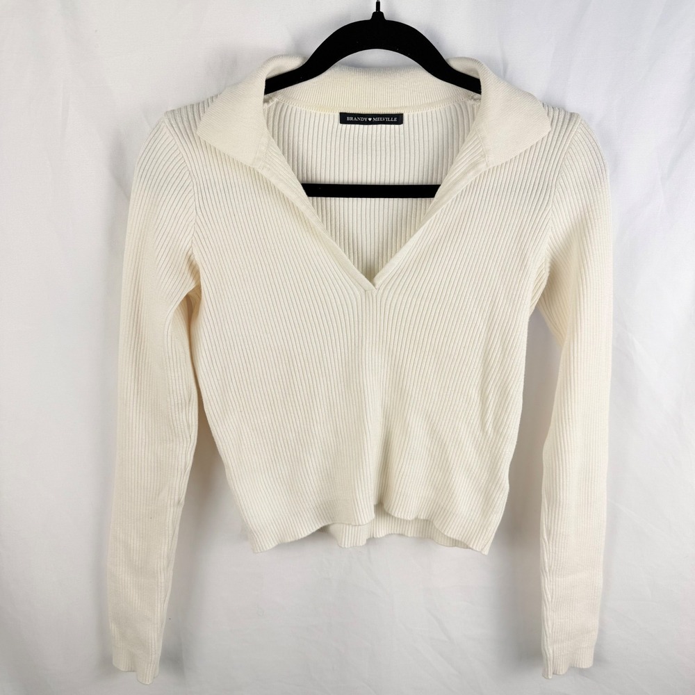 Brandy Melville‎ Cream Ribbed Cropped Collared Sweater Size Medium